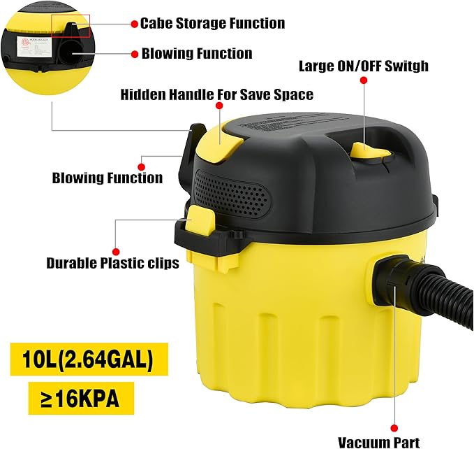 Wet-Dry Vacuum, 3-in-1 Portable Shop Vacuum Cleaner with 2 Peak HP Power Suction, Lightweight Wet Dry Vacuum with Blower & Wall Mount Design for Car, Pet Hair, Hard Floor (Low)