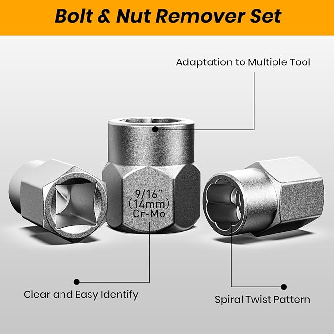Impact Bolt & Nut Remover Set,14 Pieces Bolt Extractor Tool Set, 3/8" Drive Impact Bolt & Nut Remover Socket Tool Kit, Stripped For Damaged, Frozen, Studs, Rusted, Nuts & Screws, Tools Gifts for Men