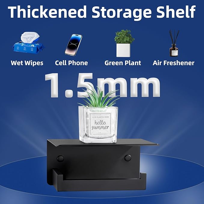 APLusee Toilet Paper Holder with Shelf Matte Black, 304 Stainless Steel Tissue Holder, Wall Mounted