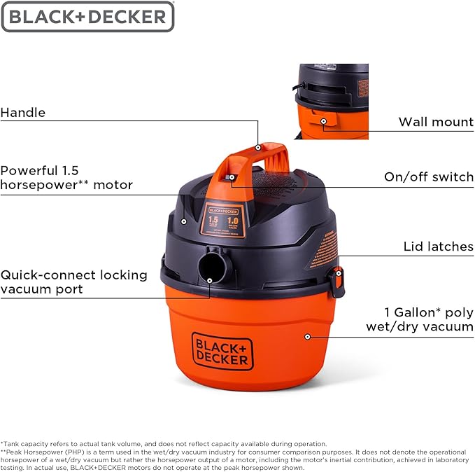 BLACK+DECKER Shop Vacuum Wet and Dry, Small Shop Vac with Accessories, 1 Gallon 1.5 Peak HP, Wall Mount Mini Vacuum for Garage, Home and Pet, 60CFM (BDXV18101P-1H)