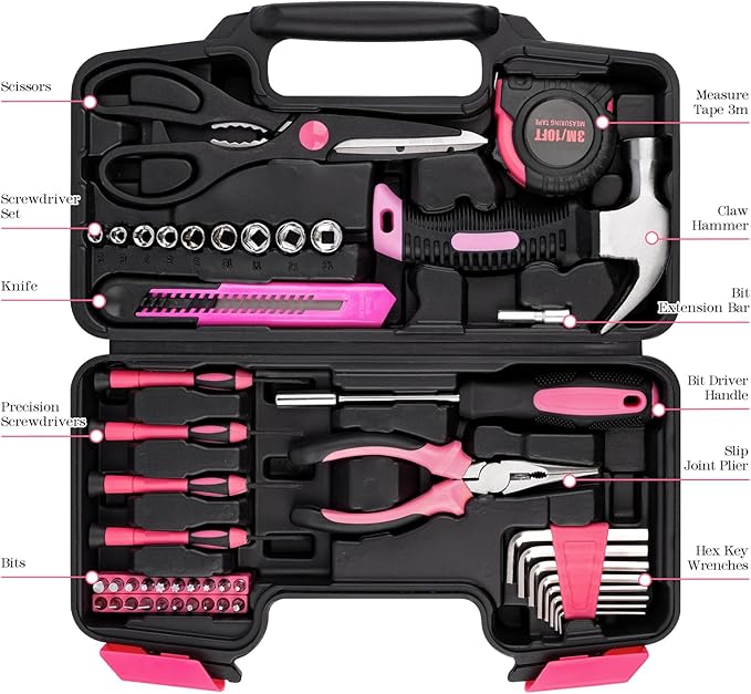 Tool Set, Mini Tool Kit, 49-Piece Household Pink Small Basic Home, Tool Set with Plastic Toolbox Tool Kit for Dorm, Great for Women,College Students, Household Use & More