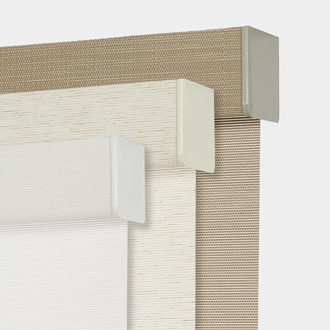 Persilux Light Filtering Cordless Free Stop Roller Blinds Natural Woven Stripes Fabric Thermal Insulation Privacy Roller Shades for Home,Office,Bedroom,Coffee Color(16" W x 36" H)