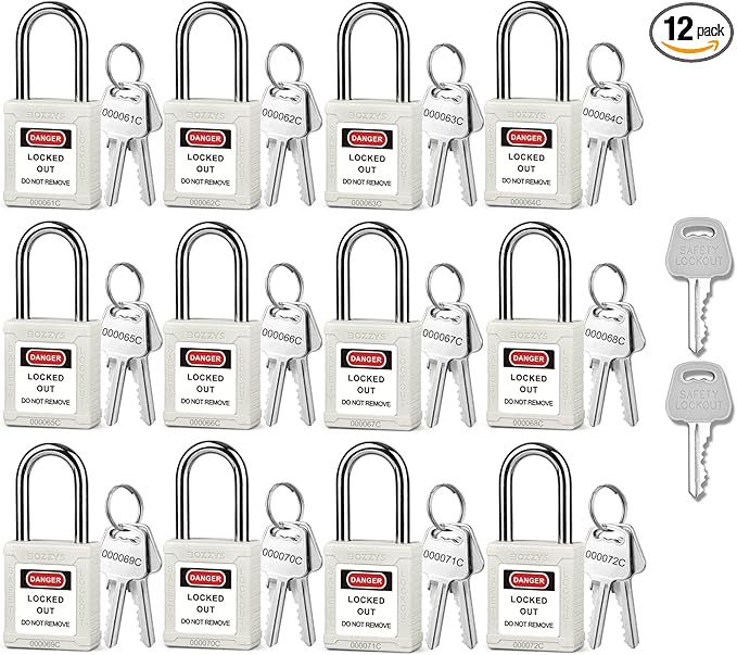 Lockout Tagout Locks with 2 Master Keys|12-Pack White OSHA Loto Lock|Keyed Different & Laser Coding|Lock Out Padlock Kits for Machinery & Electrical Panels