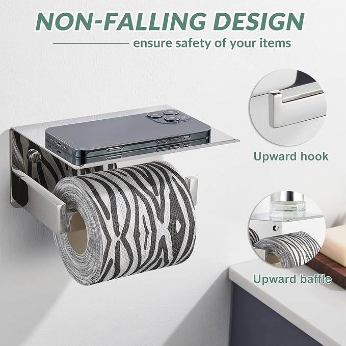 Toilet Paper Holder with Phone Shelf Polished Chrome, APLusee Bathroom Accessories 304 Stainless Steel Tissue Roll Dispenser Storage Wall Mounted