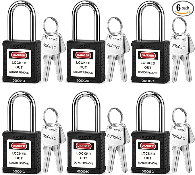 Lockout Tagout Locks 6-Pack|OSHA Black Loto Locks Keyed Different|2 Keys/Lock for Industrial Machinery & Electrical Panels|Chrome Steel & Laser Coding