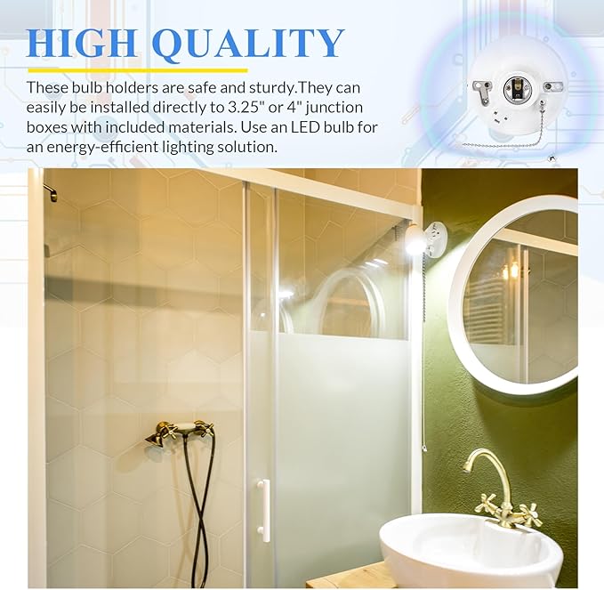 6 Pack Porcelain Light Socket with Outlet and Pull Chain Light Fixture, Bulb Socket with Grounded Outlet, E27/e26 Base, Porcelain Box Mount for Indoor Garage Closet Lighting