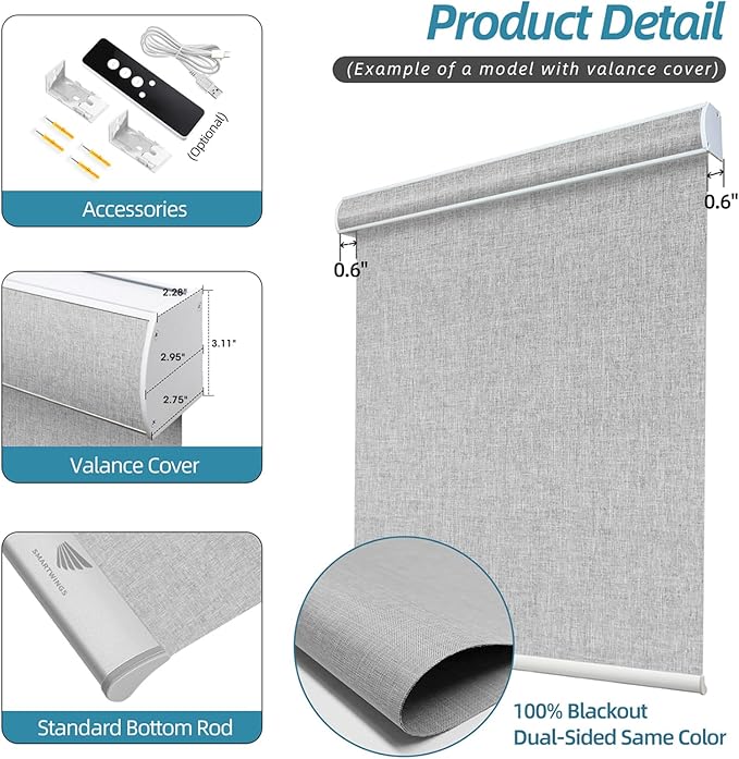 SmartWings Motorized Smart Blinds with Remote, Automatic Blackout Roller Shade Work with Alexa Homekit Thread Google Z-Wave, Electric Blind for Window, Custom Width Up to 110" W,Bouvardia Light Grey
