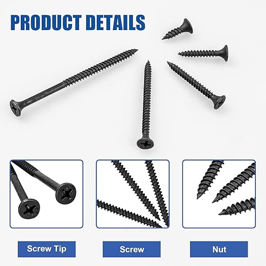 Wood Screws Assortment Kit, 168 PCS, High Hardness Phillips Drive Screws Set, Black Flat Head Wood Screws, Carbon Steel, 5 Sizes, Self-Tapping Screws for Wood, Drywall, Slate