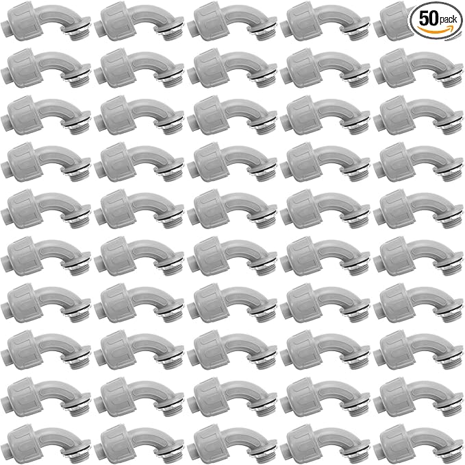 Yaomiao 50 Pcs 1/2 Inch Liquid Tight Connector PVC Electrical Conduit Fittings Straight 90 Degree Flexible Conduit Connector for Home Bathroom Tube Tool Supplies, Grey(50 Pcs)
