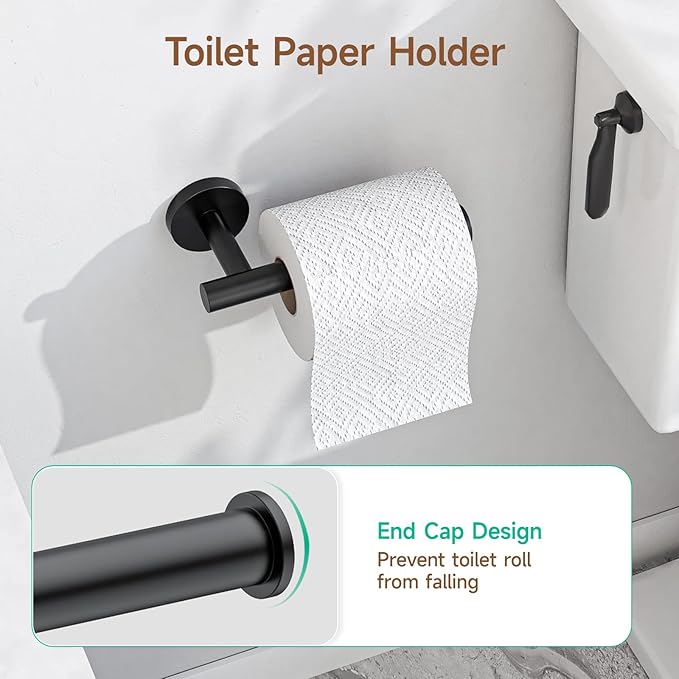 USHOWER Matte Black Bathroom Hardware Set, Modern 24-Inch Towel Bar Set Wall Mounted, Durable SUS304 Stainless Steel Bathroom Accessories Set, 4-Piece