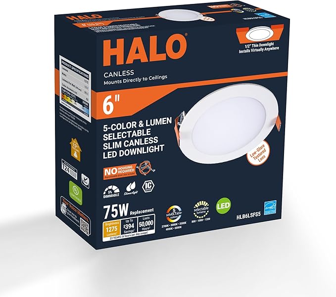 HALO HLB 6 inch LED Recessed Lighting Canless Dimmable Ceiling Light with Selectable Lumens and Selectable Color Temperature 2700K-5000K Wet Location Indoor Outdoor Soffit Downlight HLB6LSFS5