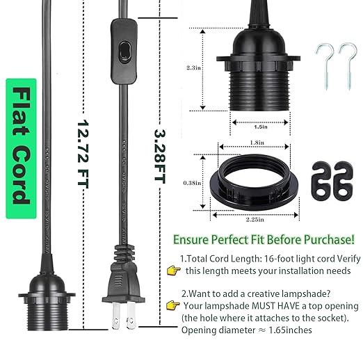 Plug in Pendant Light Cord Kit - 16Ft Light Socket with Cord E26/E27 Extension Hanging Lantern Lamp Cable with Switch,Socket Rings, 4 Pack, Black