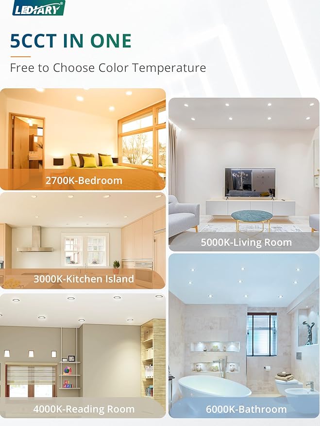 LEDIARY 12 Pack Gimbal LED Recessed Lighting 6 Inch, 5CCT Adjustable Recessed Light Slim Selectable 2700K-6000K,750LM Air Tight Canlights with Jbox,Canless Downlight Ceiling Light with IC Rated ETL