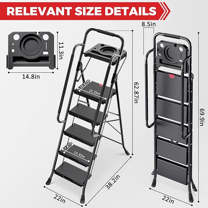 KINGRACK 5 Step Ladder, Folding Step Stool for Adult with Tool Platform, Handrails, Wide Anti-Slip Pedals, Pass 800lbs Load Testing, Portable Safety Step Stool for Home, Kitchen, Black