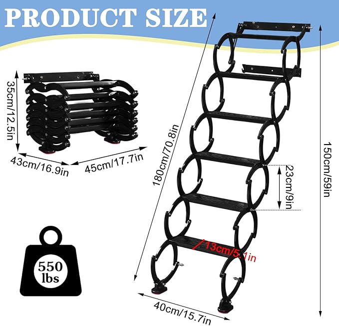 6 Steps Wall Mounted Attic Ladder, Indoor Attic Stairs Pull Down System, Metal Telescoping Step Ladders, Anti-Slip Retractable Folding Stair, Loft Extension Steps Staircase (White, 6 Steps)
