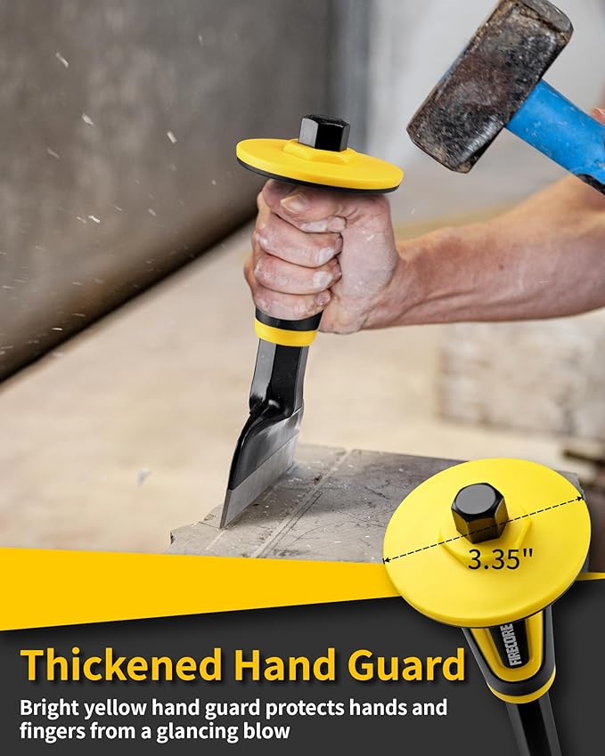 Rock Chisel Set, Firecore 3PCS Masonry Chisel with Hand Guard, Heavy Duty Point Flat Cold Chisel for Concrete Stone Brick Rock Tile Mortar Breaking Demolishing Carving Splitting Cutting Mason Tools