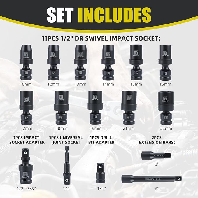 16 PCS 1/2" Drive Swivel Socket Set, Impact Swivel Socket Set, Universal Impact Socket Set, Wobble Socket, 6-Point, Metric, 10-22mm, CR-MO, with Extension Bars and Adapter
