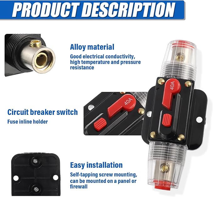 BOJACK 40A Audio Inline Circuit Breaker Reset Fuse Holder 12-24V DC Manual Reset Fuse Holder 3-15 AWG Overload Protection for Car Audio Sound Amplifier System RV Marine Boat Truck Solar Inverter
