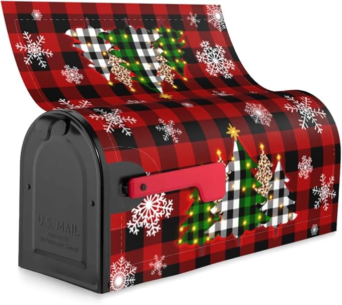 Christmas Tree Mailbox Covers Magnetic Red Black Buffalo Plaid Mailbox Post Cover Winter Snowflakes Post Wrap Standard Size 18 X 21