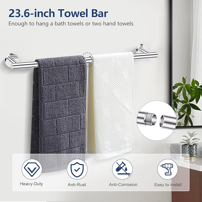 TQKAG 5 Piece Bathroom Towel Bar Holder Sets Polished Chrome Bathroom Hardware Set Stainless Steel Toilet Paper Holder with Shelf Bathroom Accessories Kit Wall Mounted