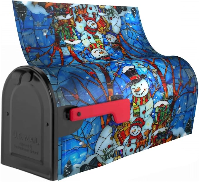 Winter Snowman Mailbox Cover - Christmas Stained Glass Holiday Wrap - Xmas Decorations Happy New Year - Magnetic Oversized 25.5 x 21