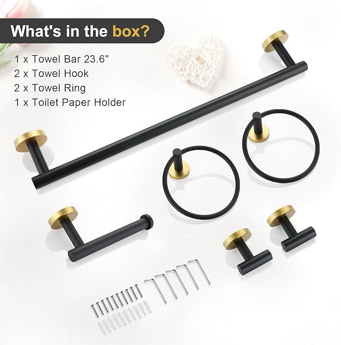 TQKAG Black and Gold Bathroom Hardware Set 6-Piece Bathroom Accessory Set 23.6 Inch Round Stainless Steel Towel Bar Set Wall Mounted