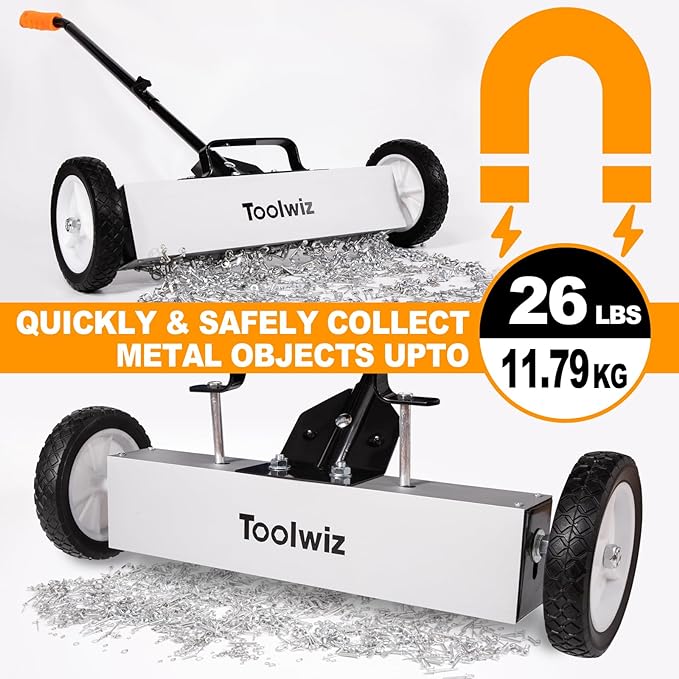 Toolwiz 18 Inches 26 Lbs Magnetic Sweeper Magnetic Pickup Tool with Wheels Telescoping Tool Holder with Quick Release Latch and Extension Handle Heavy Duty Metal Pick Up