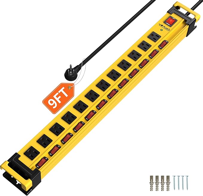 Plug'n 12 Outlet 13 Individual Switches,3300J Surge Protector Power Strip,9FT/14AWG/15AMP/1875W Power Cord,Heavy Duty Metal Power Strip with Cord Manager for Workshop,Garage,Shop