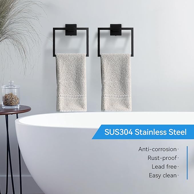 LANC Hand Towel Rings for Bathroom Wall Mount Matte Black Square Hand Towel Holder Command Towel Hanger for Bathroom Lavatory Towel Holder Stainless Steel Modern Towel Rack Hanger 2 Pack, A8896MB-P2