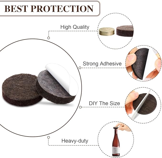 Yelanon Felt Furniture Pads for Hardwood Floors -216 Pcs Premium Felt Pads for Chair Legs, Floor Protectors for Furniture, Brown