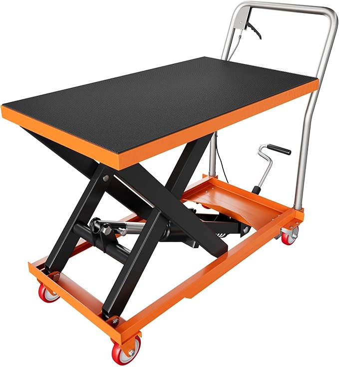 Hydraulic Lift Table Cart, 1100 LBS Capacity 28.5 in Lifting Height, Manual Single Scissor Lift Table with Locking Wheels and Non-Slip Pad, Hydraulic Scissor Cart for Material Handling