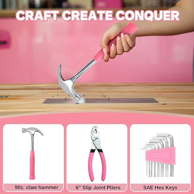 39-Piece Household Tool Set in - Perfect for Home, Garage, Office and Dorm Use - Essential Tools for The Whole Family (Pink)