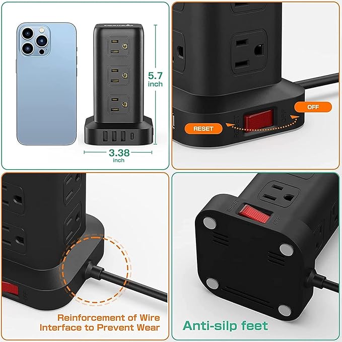 Extension Cord with Multiple Outlets, Surge Protector Power Strip Tower, 12 AC 4 USB,Surge Protector Tower 6.5FT Overload Protection for Home Office