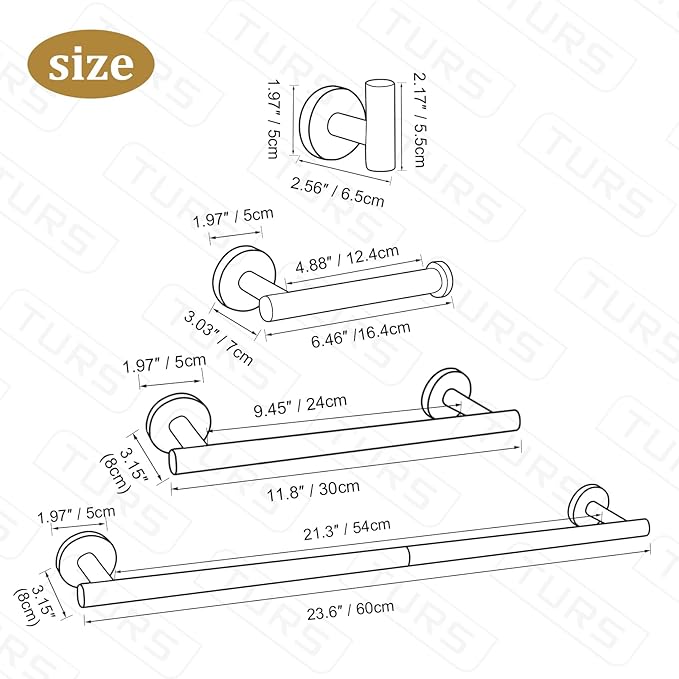 TURS Matte Black 10 Pieces Bathroom Hardware Set, SUS304 Stainless Steel 24 Inch Bath Towel Bar Set, Round Bathroom Accessories Kit Wall Mounted