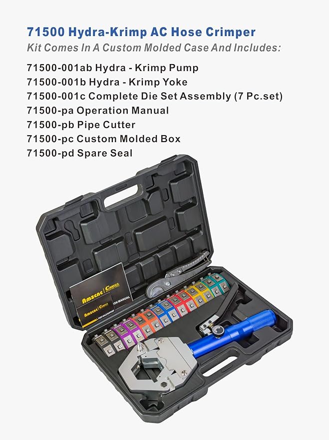 AMZCNC 71500 Hydraulic A/C Hose Crimper Kit - Handheld Crimping Tool Set with Snap-On Dies for Air Conditioning Hose Repair