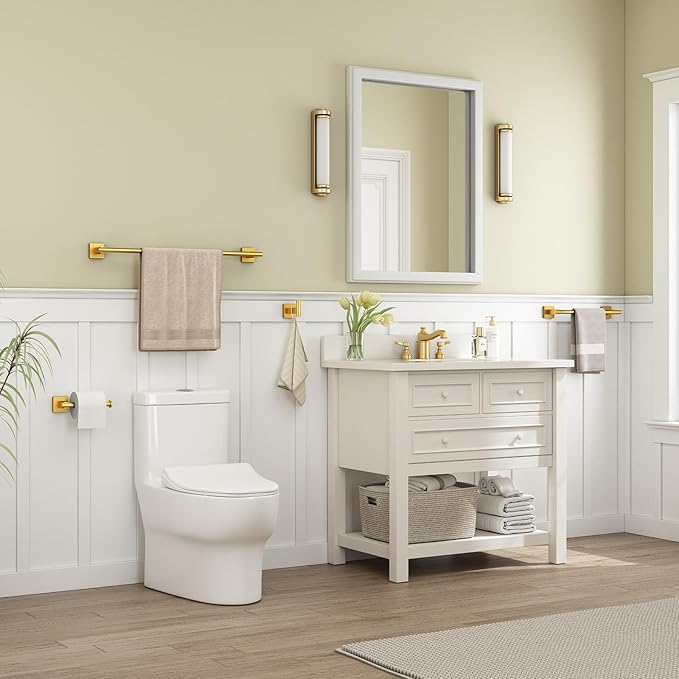 Suyar Brushed Gold Bathroom Accessories, SUS 304 Stainless Steel Bathroom Hardware Set 4 Pieces, Include Robe Hook, Toilet Paper Holder, Hand Towel Holder, Towel Bar, Wall Mount