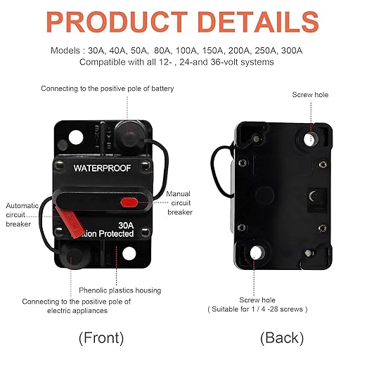 ERAYCO 30 Amp Circuit Breaker with Manual Reset Waterproof Inline Fuse Inverter for Marine Trolling Motors Boat ATV Manual Power 12V-42VDC (30A)