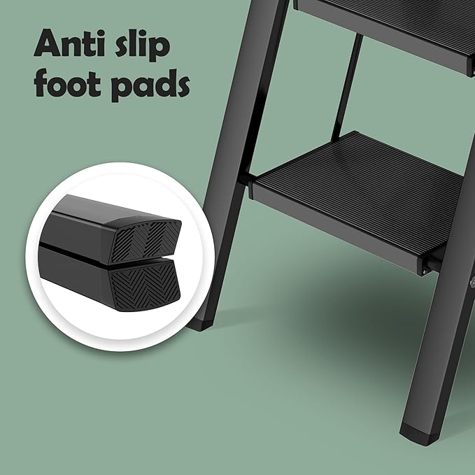 Taranta 2 Step Ladder,Aluminum Lightweight Folding 2 Step Stool with Anti-Slip Wide Pedal, 330lbs Capacity Step Ladder for Household,Kitchen,Office - Black