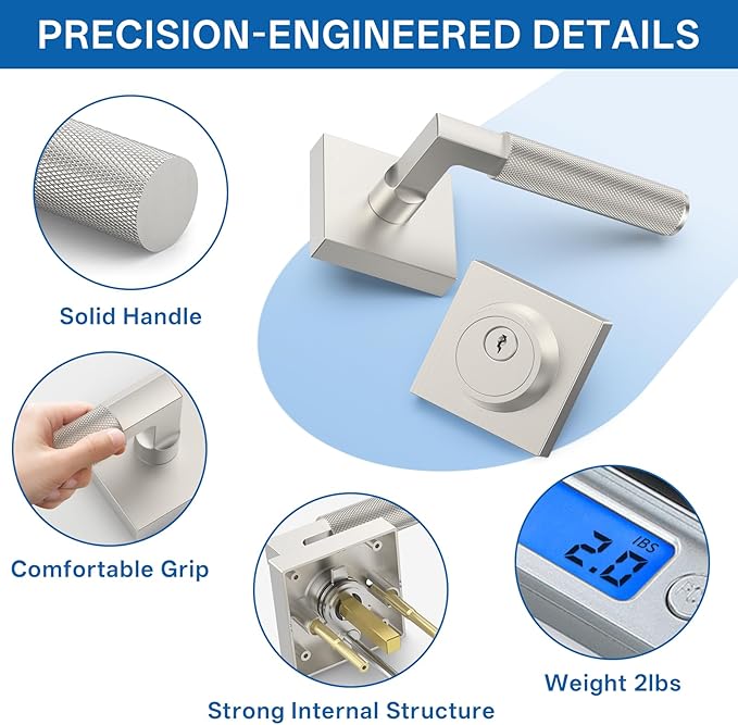 Amerdeco Front Door Lock Set with Double Cylinder Deadbolt, Exterior Entry Door Lever, Heavy Duty Entry Door Locksets for Left or Right Hand Exterior Door(Brushed Satin Nickel 1 Pack)