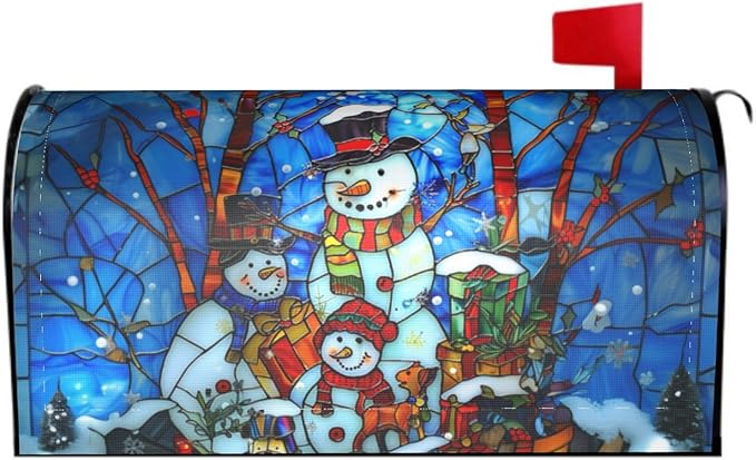Winter Snowman Mailbox Cover - Christmas Stained Glass Holiday Wrap - Xmas Decorations Happy New Year - Magnetic Standard Size 18 x 21