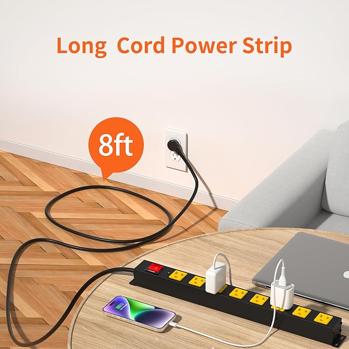 8 Outlet Power Strip 2100J Surge Protector, 8FT Heavy Duty Extension Cord Wide Spaced Outlet and Wall Mount Metal Powerstrip for Home Office Garage Workshop