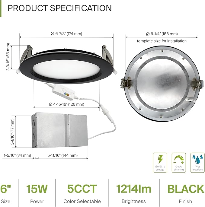 ASD Recessed Lighting 6 Inch Round Commercial LED Downlight, Mini Panel Baffle Trim, 15W 120-277V, 5 CCT Selectable 2700K/3000K/3500K/4000K/5000K, Dimmable LED Ceiling Light Fixture, Black, ETL
