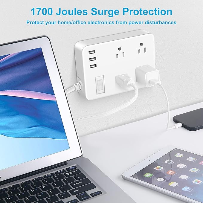 Jgstkcity Outdoor Waterproof Power Strip, 4 Flat Plug Outlets and 3 USB Ports, Mountable Weatherproof Surge Protector, Multi Outlet Extension for Camping, Garden, Kitchen, Bathroom, 6ft Cord (White)