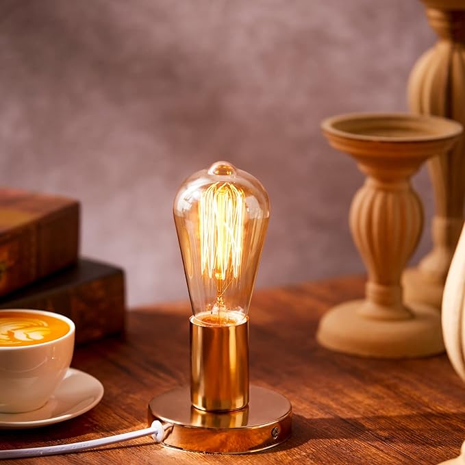 Tuanse 2 Pcs Polished Metal Desktop Lamp Base E26 E27 Screw Light Bulb Holder Sockets Night Light Base Lamp Replacement for Holding Bulb 6 Feet Cord on Off Switch Plug(Gold)