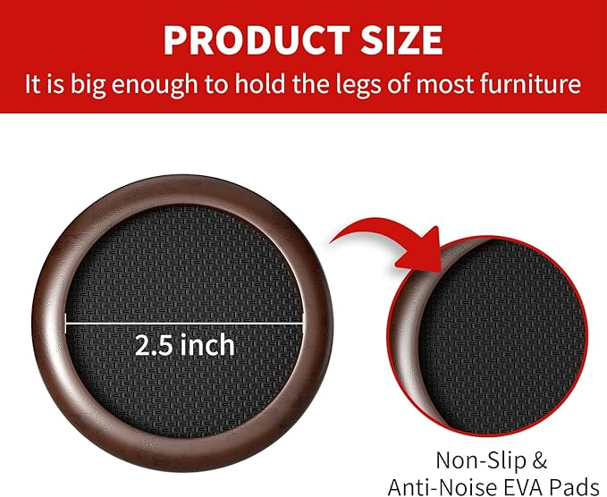 Ezprotekt 2.5 inch Non Slip Round Wood Furniture Pads for Hardwood Floors, 4 Pcs Anti Slip Furniture Coaster for Chair Sofa Bed Couch, Furniture Cups with Anti-Slide EVA Anti-Scratch (Dark Brown)