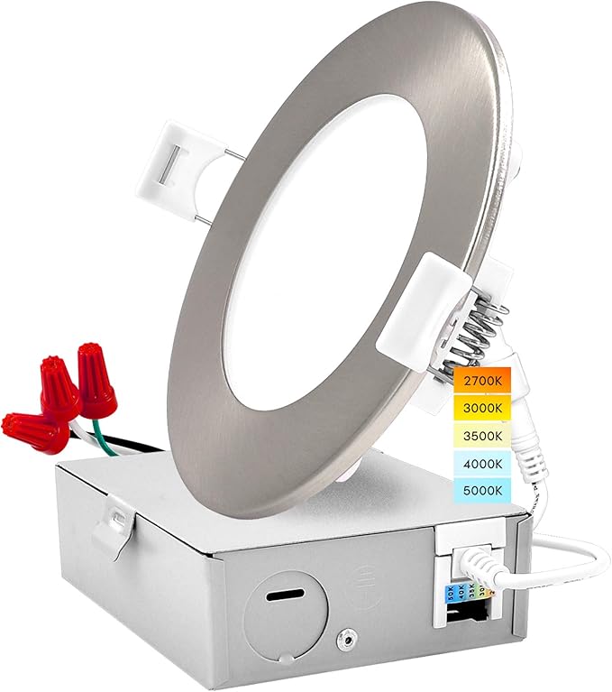 LUXRITE 4 Inch Ultra Thin LED Recessed Light with J-Box, 10W, 5 Color Options 2700K | 3000K | 3500K | 4000K | 5000K, Dimmable Wafer Lights, 750 Lumens, Brushed Nickel, Energy Star, IC Rated