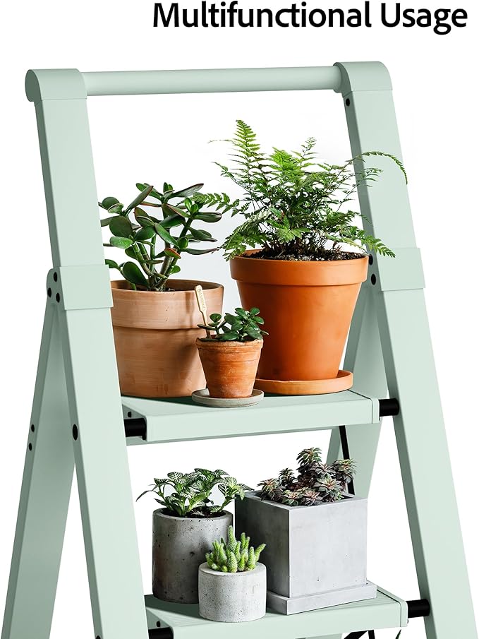 Taranta 4 Step Ladder, Lightweight Aluminum Step Stool with Convenient Handgrip, Folding Ladder with Anti-Slip Pedals, 330lbs Capacity Stepladder for Home, Office, Kitchen - Fairyland Green