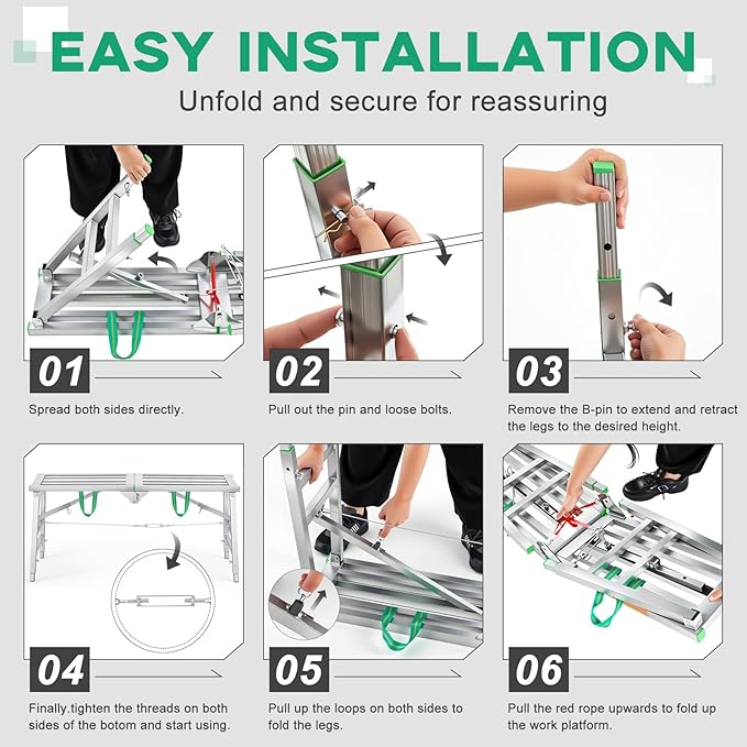 Zonon 55" L x 11.8" W x 28" to 44" H Folding Work Platform Portable Scaffolding Step Stool 4 Height Adjustment 600 Lbs Load Capacity Non Slip Work Platform Ladder for Home Drywall Cleaning Painting