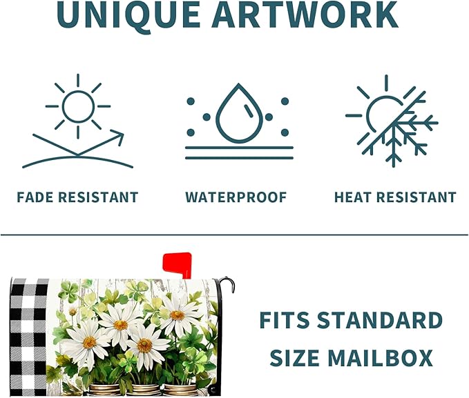 Buffalo Plaid Daisy Mailbox Covers - Magnetic, Waterproof, Spring/Summer Floral Designs - Standard Size 21 x 18 Inch - Farmhouse Welcome Cover - Garden/Yard Decor