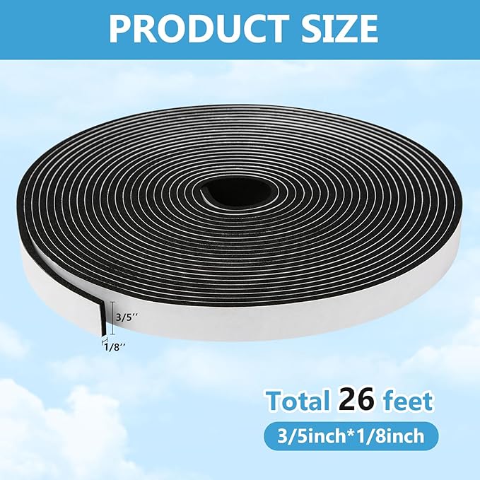Weather Stripping Door Seal Strip (3/5 Inch X 1/8 Inch X 26Feet), Strong Adhesive, Lightproof, Soundproof, Weatherproof Foam Tape Insulation for Sliding Door, Front Door Frame, Windows- Black